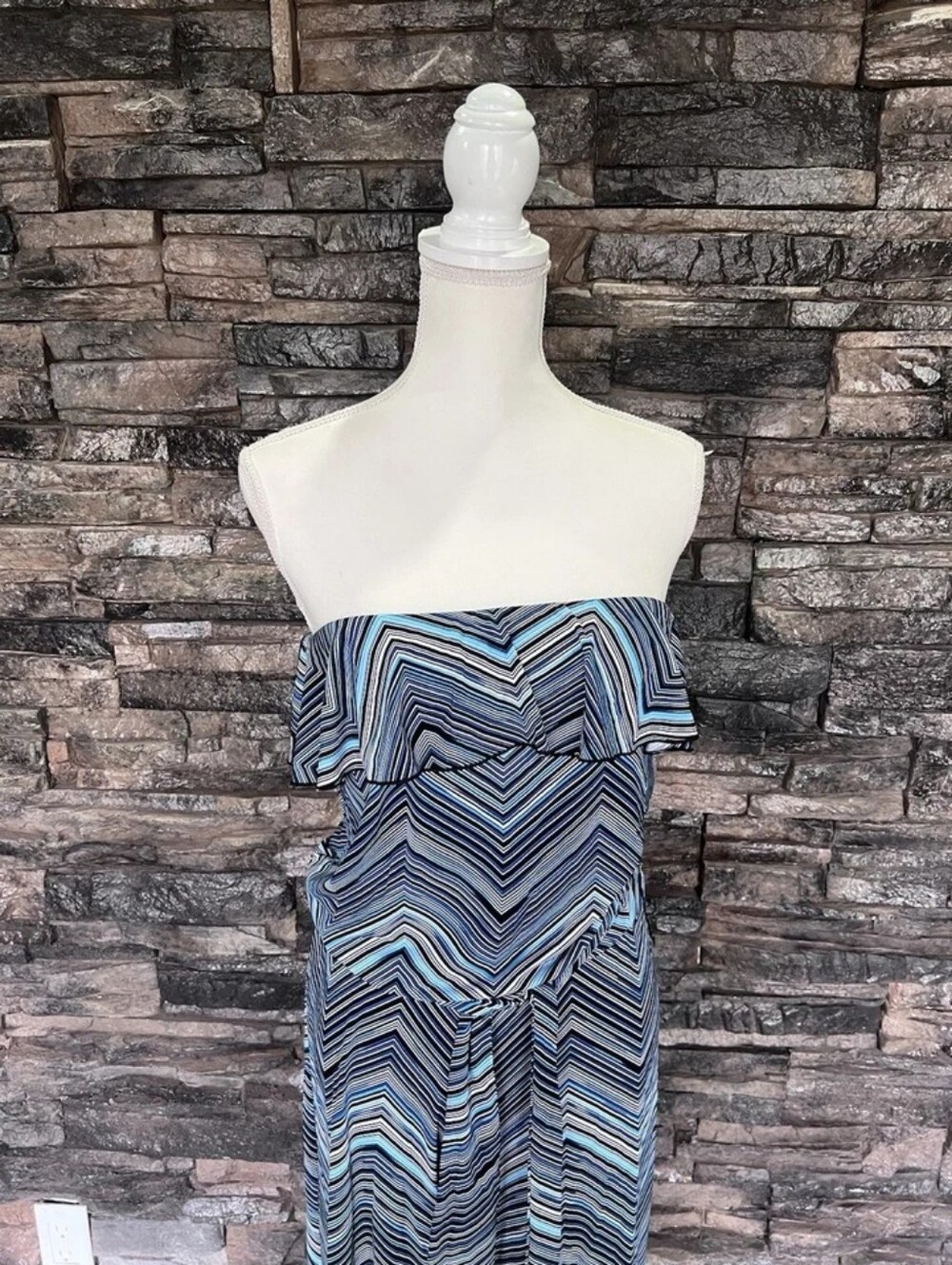 Strapless Chevron Maxi Dress in Blue Tones